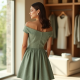Sage Green Tweed Off-Shoulder Sundress