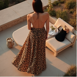 Romantic Animal Print Backless Pleated Maxi Skirt