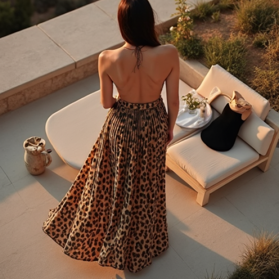Romantic Animal Print Backless Pleated Maxi Skirt