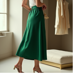 Emerald Green Silk A-Line Midi Skirt