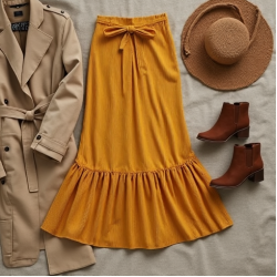 Mustard Yellow Ribbed Knit Belted Tiered Boho Skirt