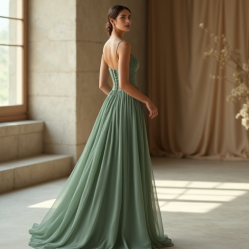 Sage Green Georgette Corset Waist Evening Gown