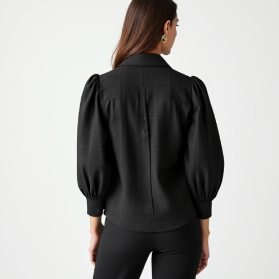 Midnight Black Plaid Puff Sleeve Blouse