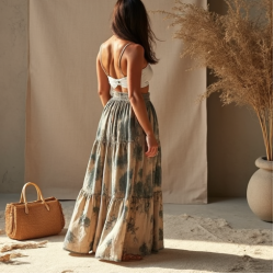Korean Chic Abstract Print Split Thigh Tiered Boho Skirt
