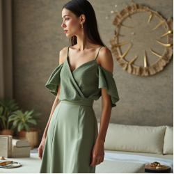 Sage Green Tweed Off-Shoulder Satin Slip Skirt