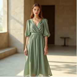 Sage Green Puff Sleeve Chiffon Wrap Dress