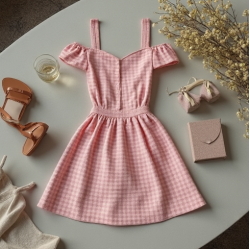 Pastel Pink Houndstooth Off-Shoulder Camisole Dress