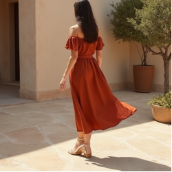 Terracotta Solid Color Off-Shoulder Midi Dress