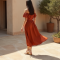 Terracotta Solid Color Off-Shoulder Midi Dress