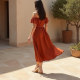 Terracotta Solid Color Off-Shoulder Midi Dress