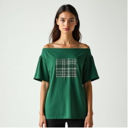 Emerald Green Houndstooth Off-Shoulder Graphic Tee