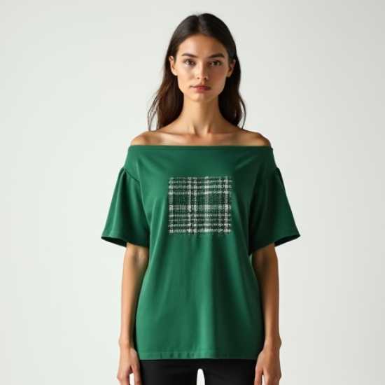 Emerald Green Houndstooth Off-Shoulder Graphic Tee