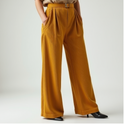 Mustard Yellow Ribbed Knit Belted Pleated Slacks