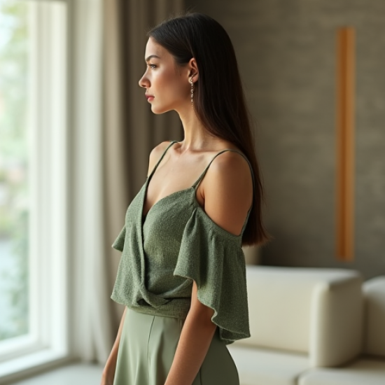 Sage Green Tweed Off-Shoulder Satin Slip Skirt