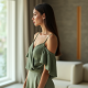 Sage Green Tweed Off-Shoulder Satin Slip Skirt