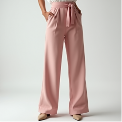 Pastel Pink Solid Color Wrap Front High-Waisted Trousers