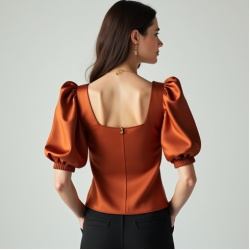 Terracotta Satin Square Neck Puff Sleeve Top