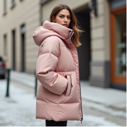 Pastel Pink Abstract Print Cowl Neck Puffer Coat