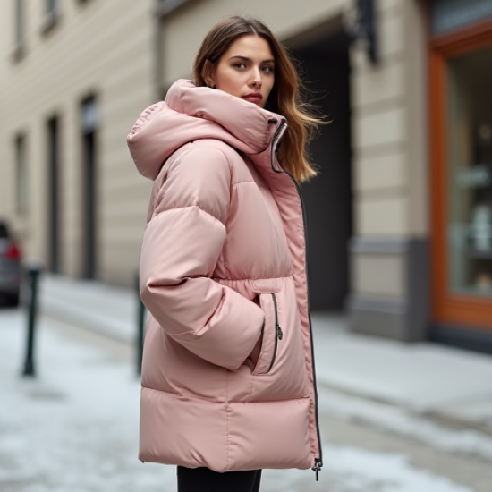 Pastel Pink Abstract Print Cowl Neck Puffer Coat