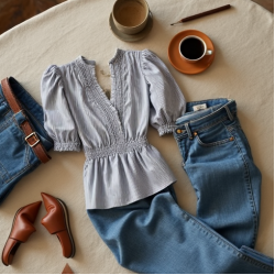 French Style Striped Smocked Blouse
