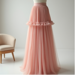 Pastel Pink Ruffled Tulle Pleated Maxi Skirt