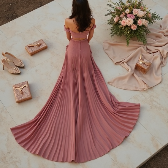 Dusty Rose Cut-Out Off-Shoulder Pleated Maxi Skirt