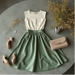 Sage Green Square Neck Satin Wrap Front Skirt