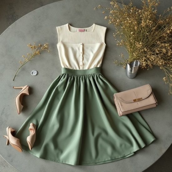 Sage Green Square Neck Satin Wrap Front Skirt