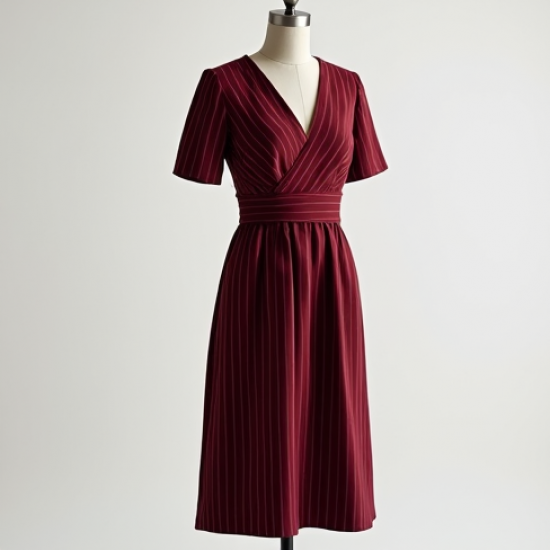 Burgundy Striped V-Neck Cocktail Dress