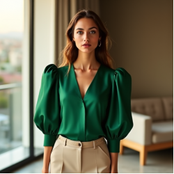 Emerald Green Silk Puff Sleeve Top