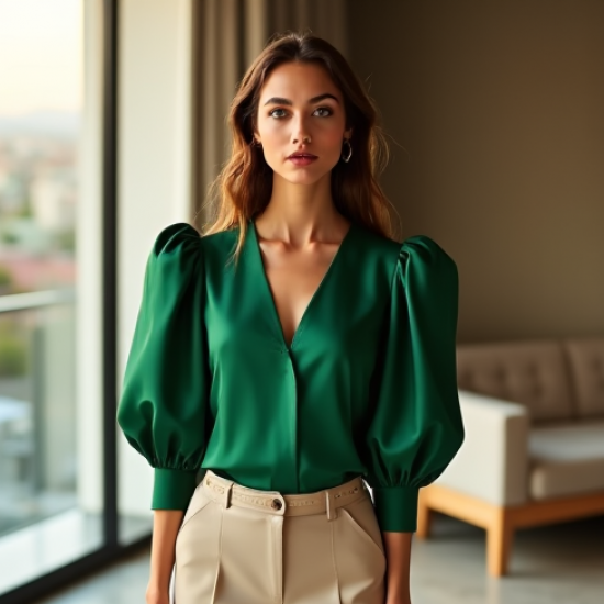 Emerald Green Silk Puff Sleeve Top