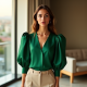 Emerald Green Silk Puff Sleeve Top