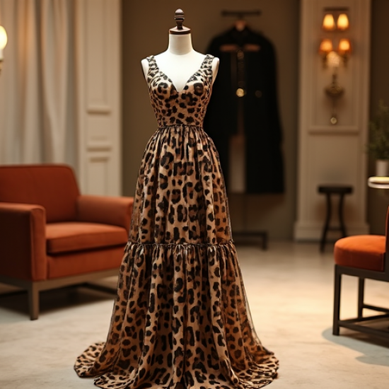 Retro Animal Print Tiered Evening Gown