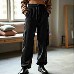 Midnight Black Polka Dot Puff Sleeve Cargo Pants