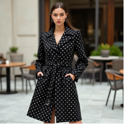 Midnight Black Polka Dot Puff Sleeve Trench Coat