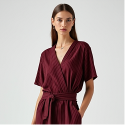 Burgundy Striped V-Neck Wide-Leg Pants