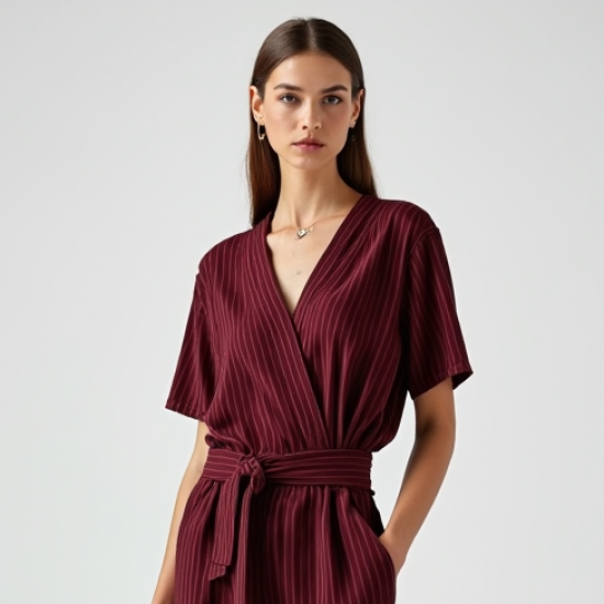 Burgundy Striped V-Neck Wide-Leg Pants