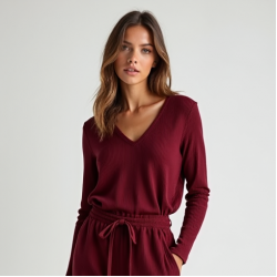 Burgundy Ribbed Knit V-Neck Relaxed Joggers