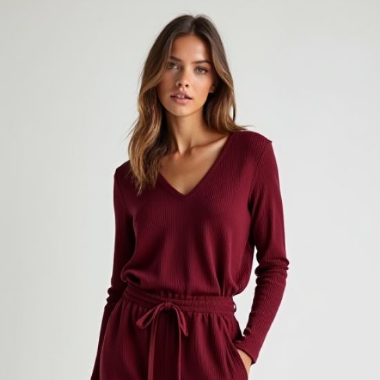 Burgundy Ribbed Knit V-Neck Relaxed Joggers