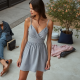 French Style Gingham Puff Sleeve Satin Slip Skirt