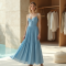 Sky Blue Linen Blend Corset Waist Pleated Maxi Skirt