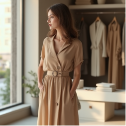 Oatmeal Chiffon Double-Breasted Midi Dress