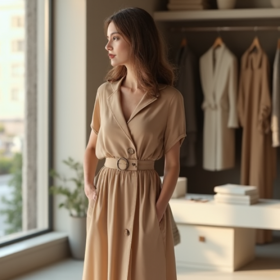 Oatmeal Chiffon Double-Breasted Midi Dress