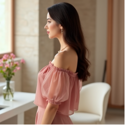 Dusty Rose Organza Off-Shoulder Puff Sleeve Top