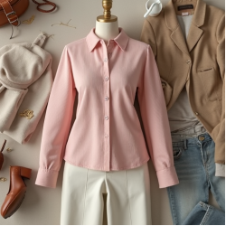 Pastel Pink Ribbed Knit Button-Down Blouse