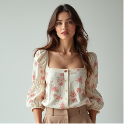 Romantic Floral Print Square Neck Blouse