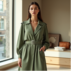 Sage Green Puff Sleeve Chiffon Trench Coat
