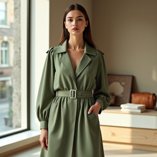Sage Green Puff Sleeve Chiffon Trench Coat