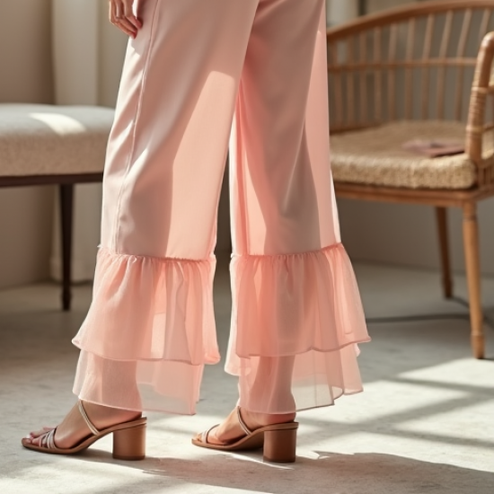 Pastel Pink Ruffled Organza Paperbag Waist Pants