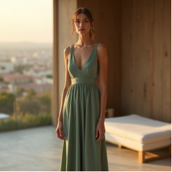 Sage Green Linen Blend V-Neck Evening Gown